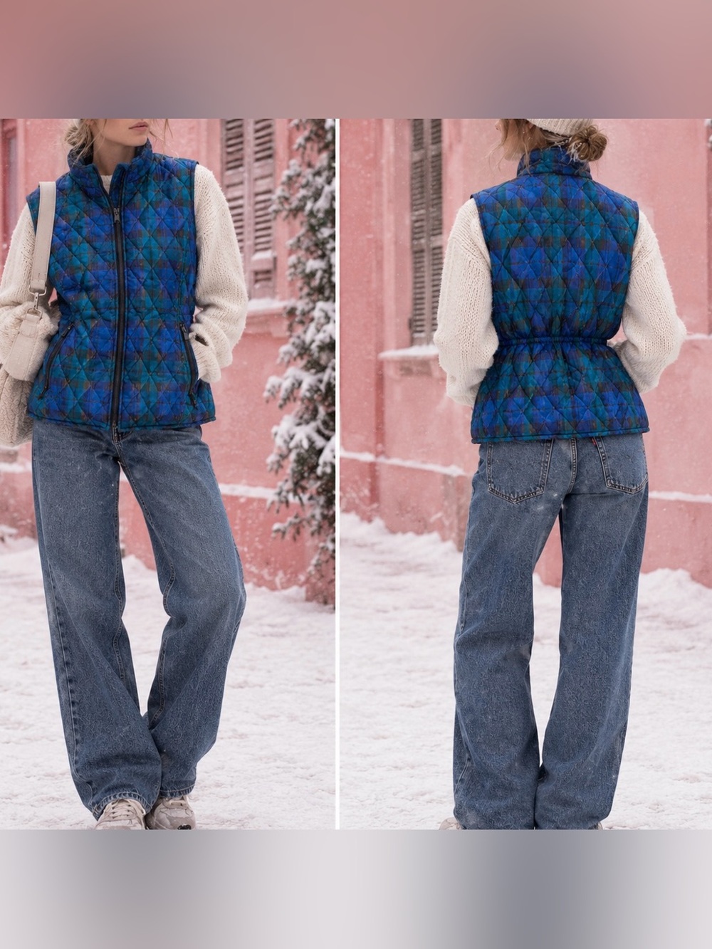 Relativity Women's Plaid Quilted Puffer Vest – Blue/Teal Tartan, Size S